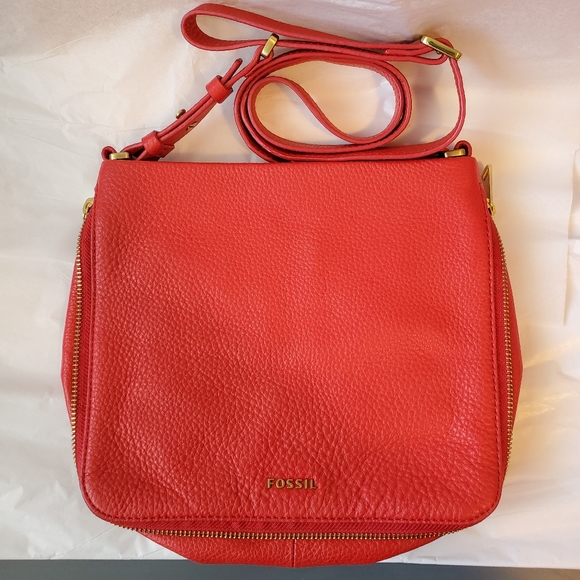 Fossil Handbags - Fossil Preston Red Peppled Leather Crossbody bag
